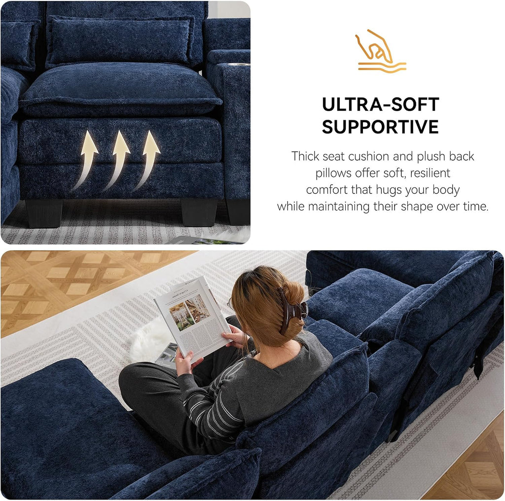 125'' U Shaped Cloud Modular Sofa with Chaise Lounges, Upholstered Comfy Sectional Couch with Storage Console, USB Charging & Cup Holders, Small Deep Seat Sofa for Living Room, Sherpa- Chenille Navy