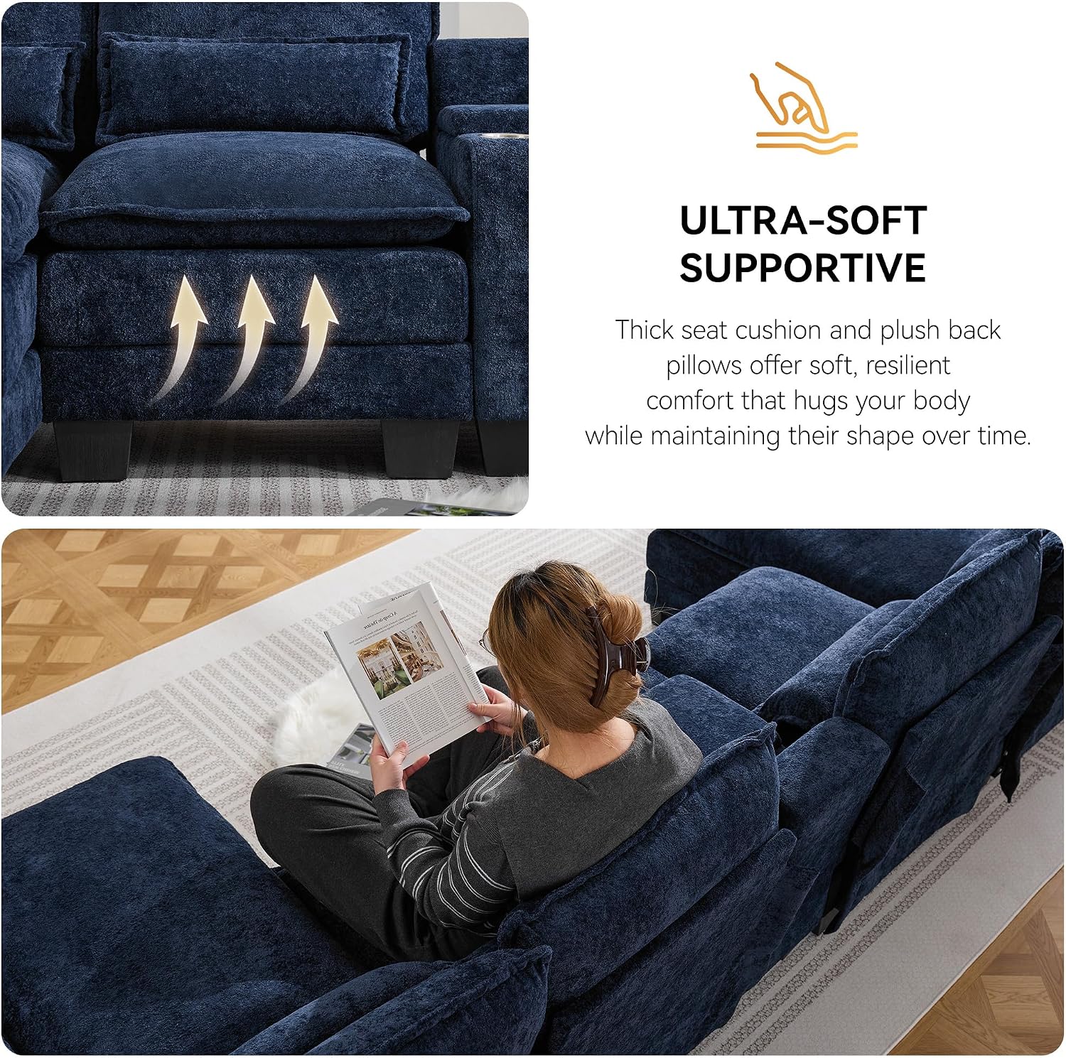 125'' U Shaped Cloud Modular Sofa with Chaise Lounges, Upholstered Comfy Sectional Couch with Storage Console, USB Charging & Cup Holders, Small Deep Seat Sofa for Living Room, Sherpa- Chenille Navy