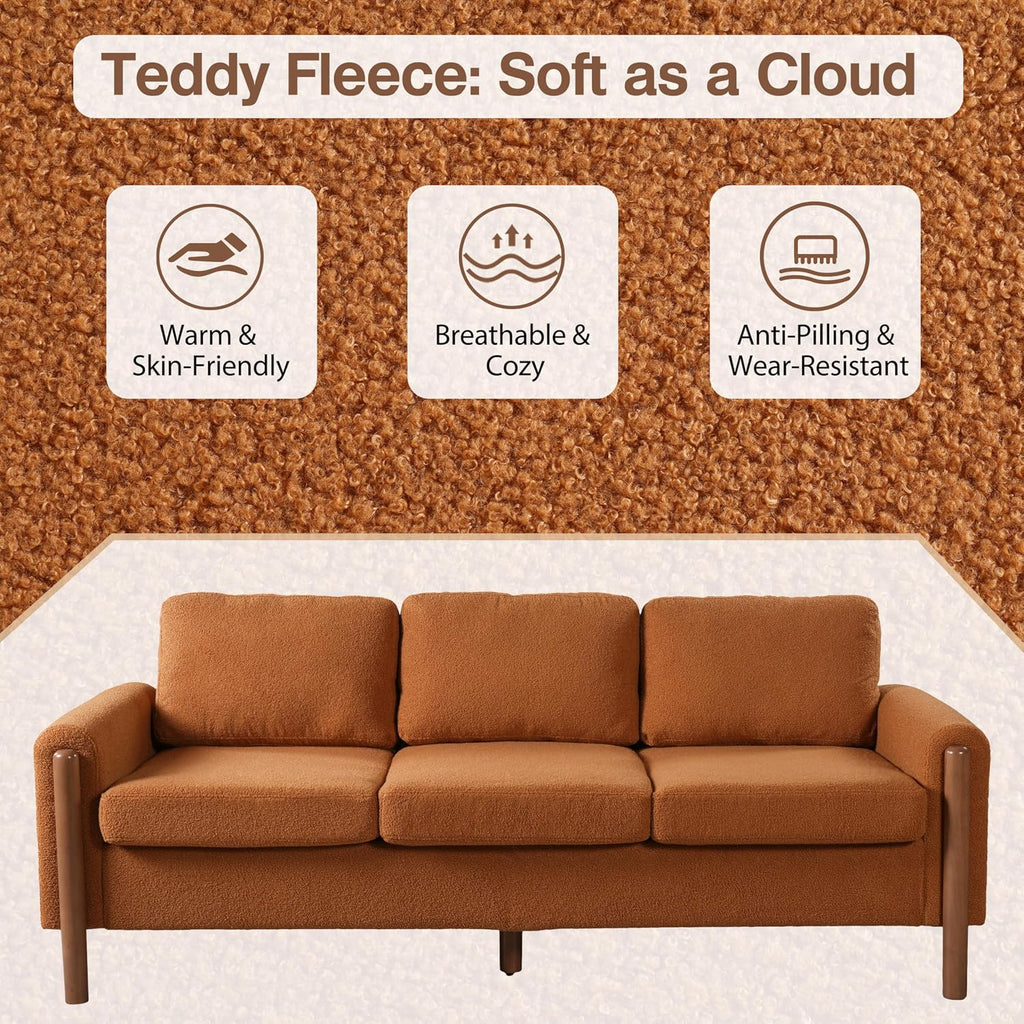 Christopher Knight Home Yadil Teddy Fleece Upholstered 3 Seater Sofa Couch, Wooden Home Sofa Living Room, Comfy Cloud Couch for Bedroom, Home Office, Orange