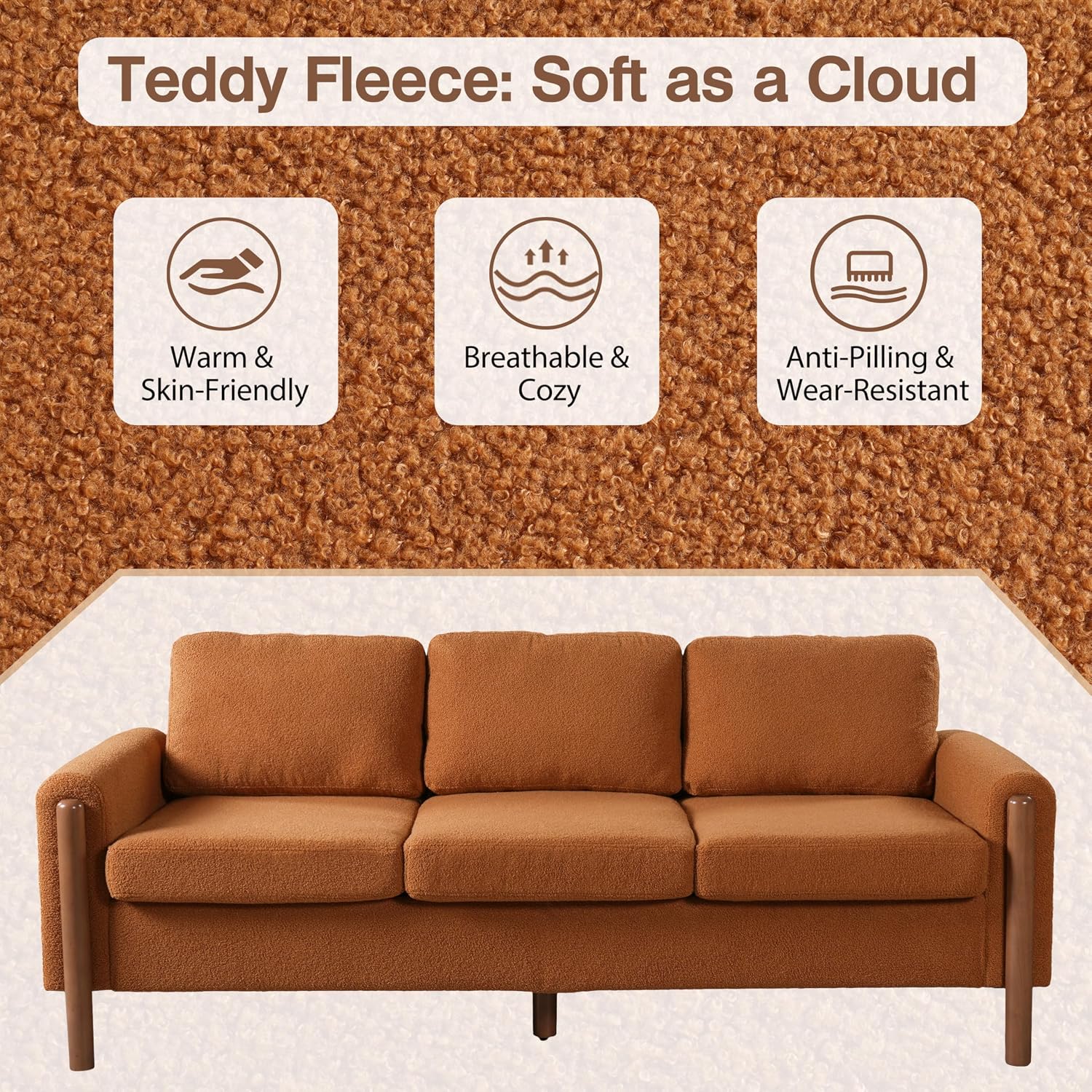Christopher Knight Home Yadil Teddy Fleece Upholstered 3 Seater Sofa Couch, Wooden Home Sofa Living Room, Comfy Cloud Couch for Bedroom, Home Office, Orange