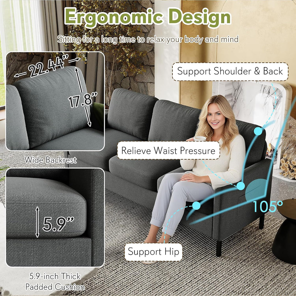 STHOUYN 72' W 3 Seater Couch with 2 USB, Comfy Grey Couch with 2 Pockets, Living Room Sofas with Reinforced Steel Frame, Cheap Sofas for Small Spaces, Dorm, Bedroom