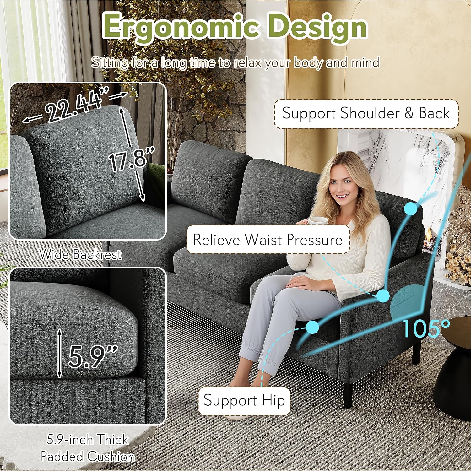 STHOUYN 72' W 3 Seater Couch with 2 USB, Comfy Grey Couch with 2 Pockets, Living Room Sofas with Reinforced Steel Frame, Cheap Sofas for Small Spaces, Dorm, Bedroom