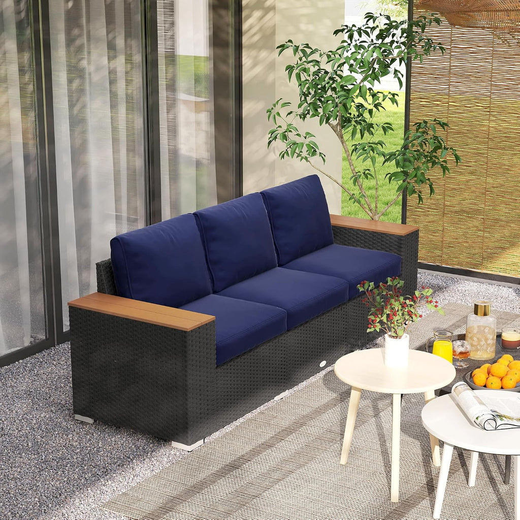 Outsunny 3-Seat Outdoor Patio Sofa with 24.5' Extra Wide Deep Seats, PE Wicker Sofa with Wide Wood Effect Armrests and 4' Cushions, Rattan Outdoor Couch for Porch, Garden, Poolside, Navy Blue