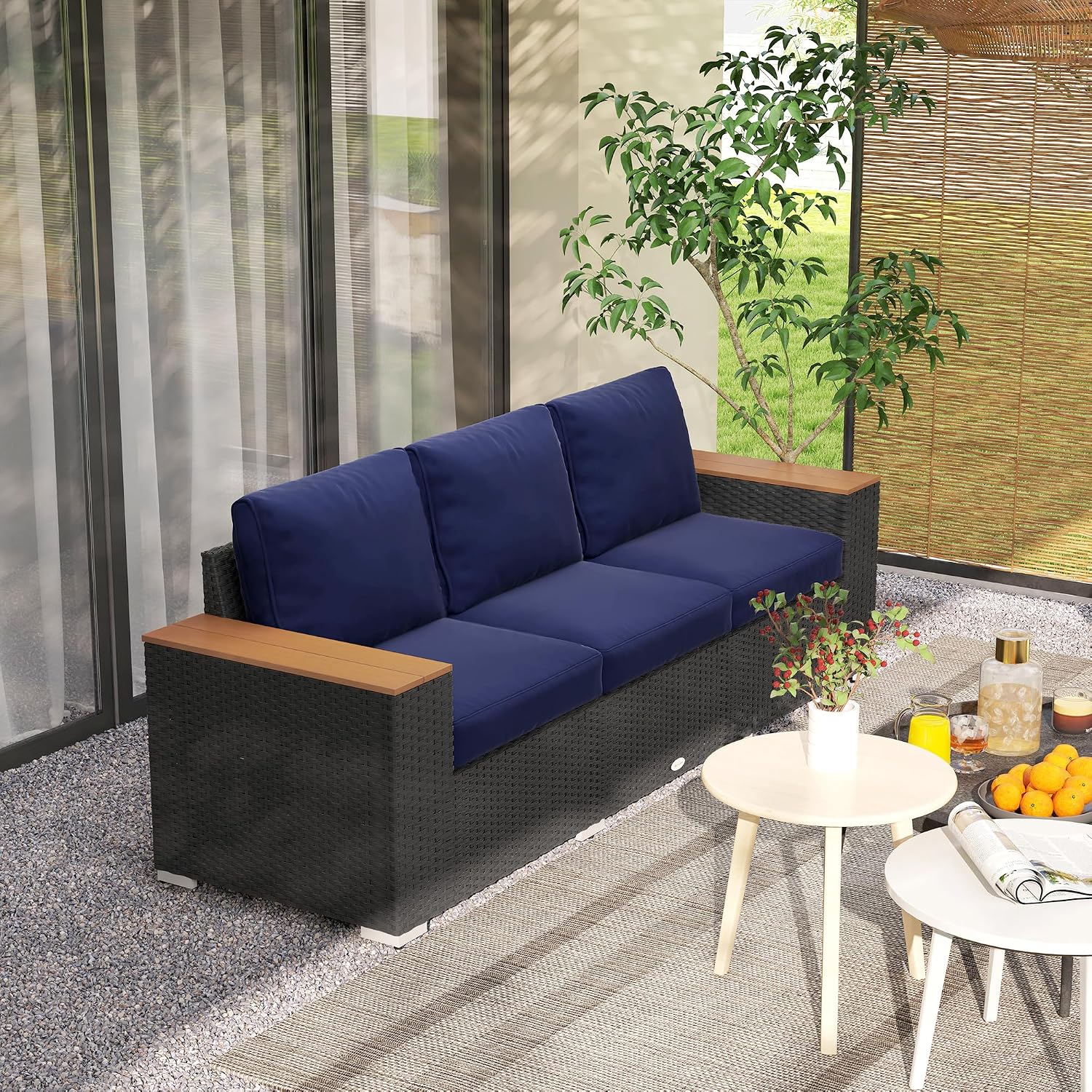 Outsunny 3-Seat Outdoor Patio Sofa with 24.5' Extra Wide Deep Seats, PE Wicker Sofa with Wide Wood Effect Armrests and 4' Cushions, Rattan Outdoor Couch for Porch, Garden, Poolside, Navy Blue