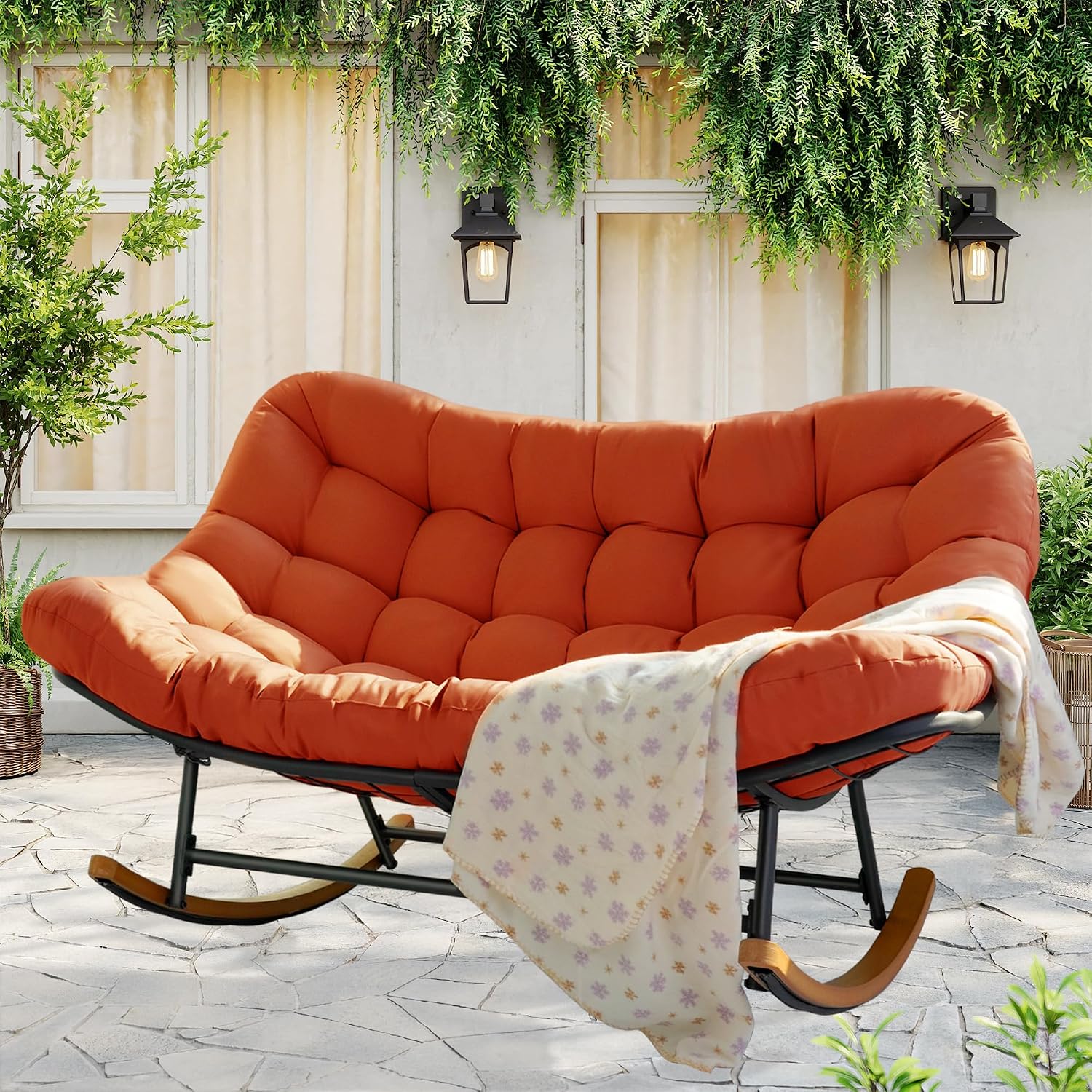 Double Outdoor Papasan Rocking Chair, Oversized Papasan Loveseat with 6' Weatherproof Cushion & PE Rattan Frame, All-Weather Patio Furniture for 2 Adults,Red