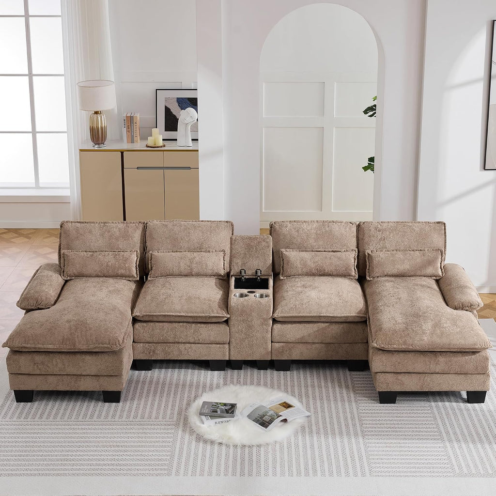 125'' U Shaped Cloud Modular Sofa with Chaise Lounges, Upholstered Comfy Sectional Couch with Storage Console, USB Charging & Cup Holders, Small Deep Seat Sofa for Living Room, Sherpa- Chenille Camel