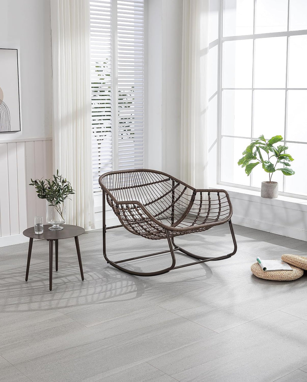 Outdoor Rattan Rocking Chair Oversized Papasan Recliner Lounger, Steel Frame & Thick Olefin Cushion, Indoor/Outdoor Use for Patio, Porch, Backyard, Garden, Balcony, Grey