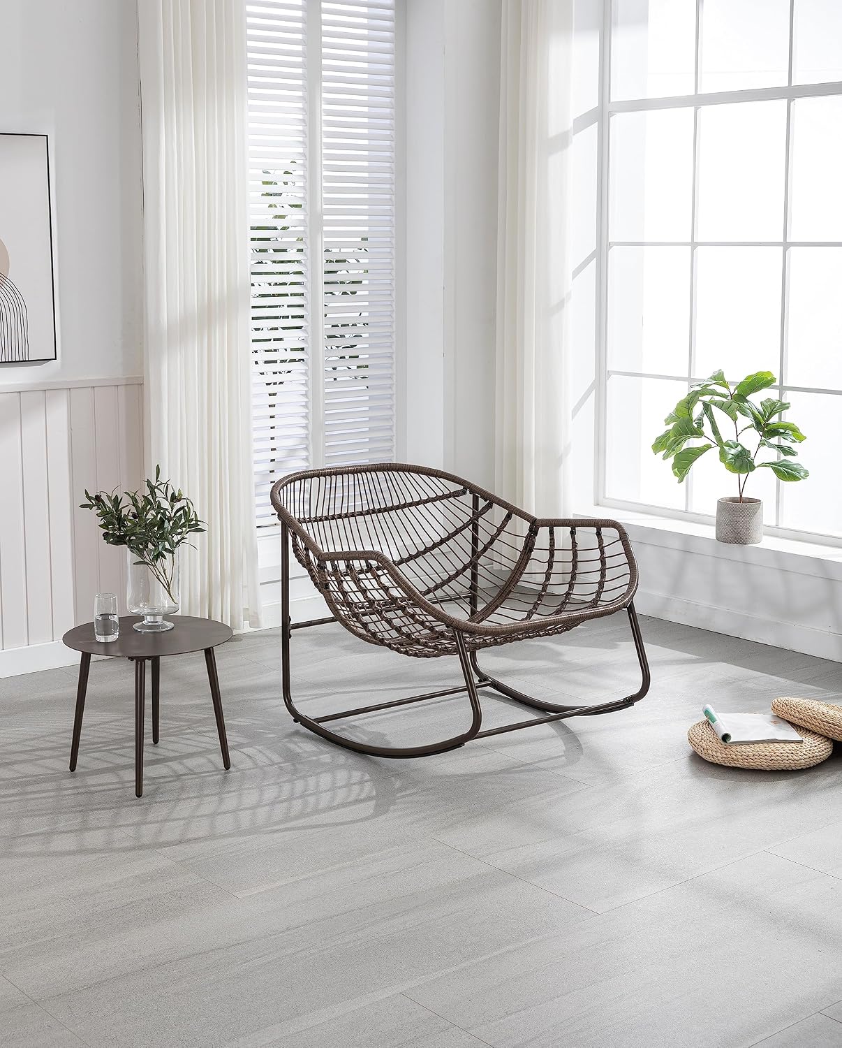 Outdoor Rattan Rocking Chair Oversized Papasan Recliner Lounger, Steel Frame & Thick Olefin Cushion, Indoor/Outdoor Use for Patio, Porch, Backyard, Garden, Balcony, Grey