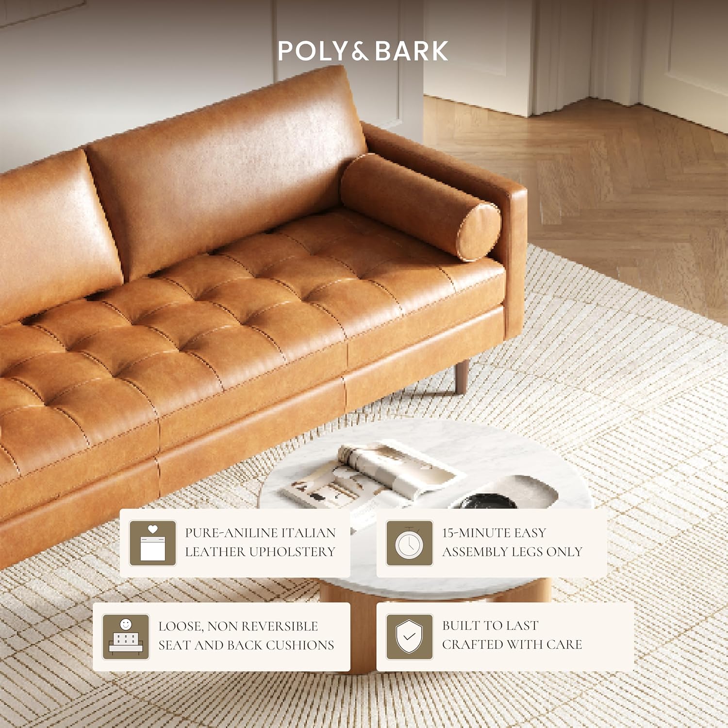 POLY & BARK Napa 72' Leather Sofa – Full-Grain Italian-Tanned Aniline Leather, Feather-Down Comfort, Solid Wood Frame, Walnut Legs, Cognac Tan