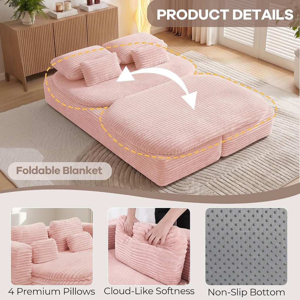 75'' Folding Sleeper Sofa Bed, Convertible Memory Foam Boneless Couch, Foldable Full Size Guest Bed, Modern 2-in-1 Futon Floor Sleeper Sofa with 4 Pillows and Blanket (Corduroy, Pink)