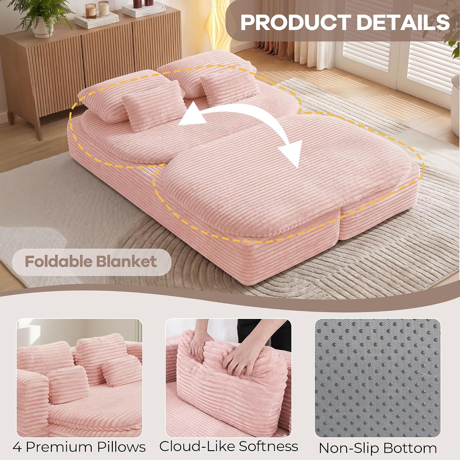75'' Folding Sleeper Sofa Bed, Convertible Memory Foam Boneless Couch, Foldable Full Size Guest Bed, Modern 2-in-1 Futon Floor Sleeper Sofa with 4 Pillows and Blanket (Corduroy, Pink)
