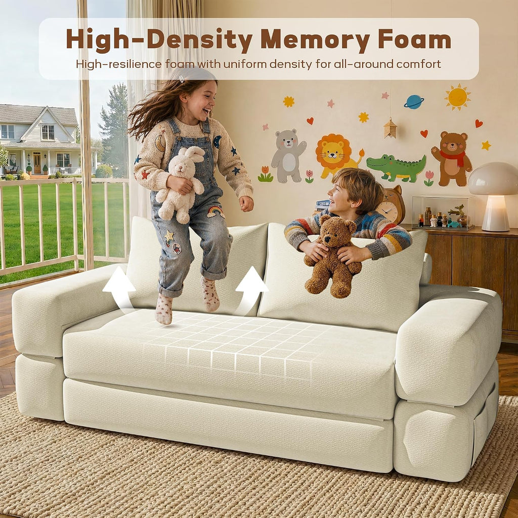 75'' Folding Convertible Sofa Bed with Large Pillow, 4-in-1 Foldable Pull Out Futon Sofa Bed, Chenille Boneless Mattress Couch, No Assembly Floor Sleeper Sofa Bed for Living Room/Bedroom, Beige