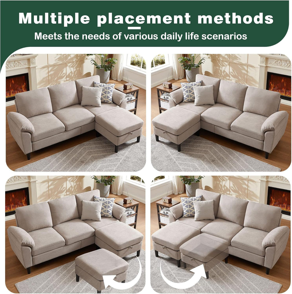 80' Convertible Sectional Sofa, Small L Shaped 3 Seat Couch with Reversible Storage Chaise, Modern Polyester Fabric Sofa Couches for Living Room, Apartment and Small Space, Beige