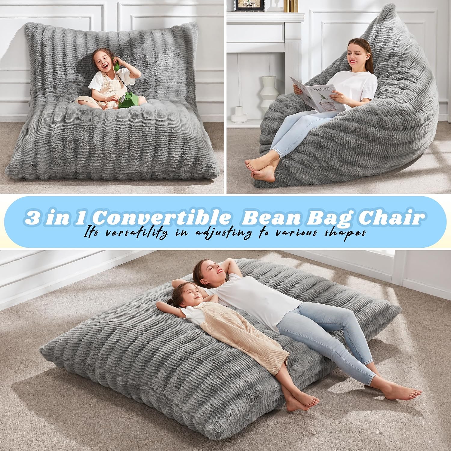Hobestluk 3 in 1 Bean Bag Chair Giant Bean Bag Chairs for Adults with Ripple Cover Convertible Bean Bag Floor Cushion with Machine Washable Cover for Living Room (Ripple Grey)