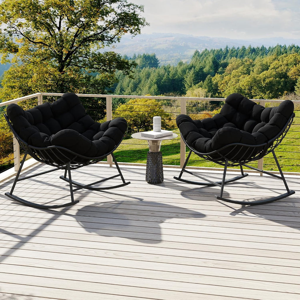 Oversized Wicker Papasan Rocking Chair Set of 2, Indoor Outdoor Egg Chair Rocker, Comfy Patio Recliner with Modern Egg Style, Black
