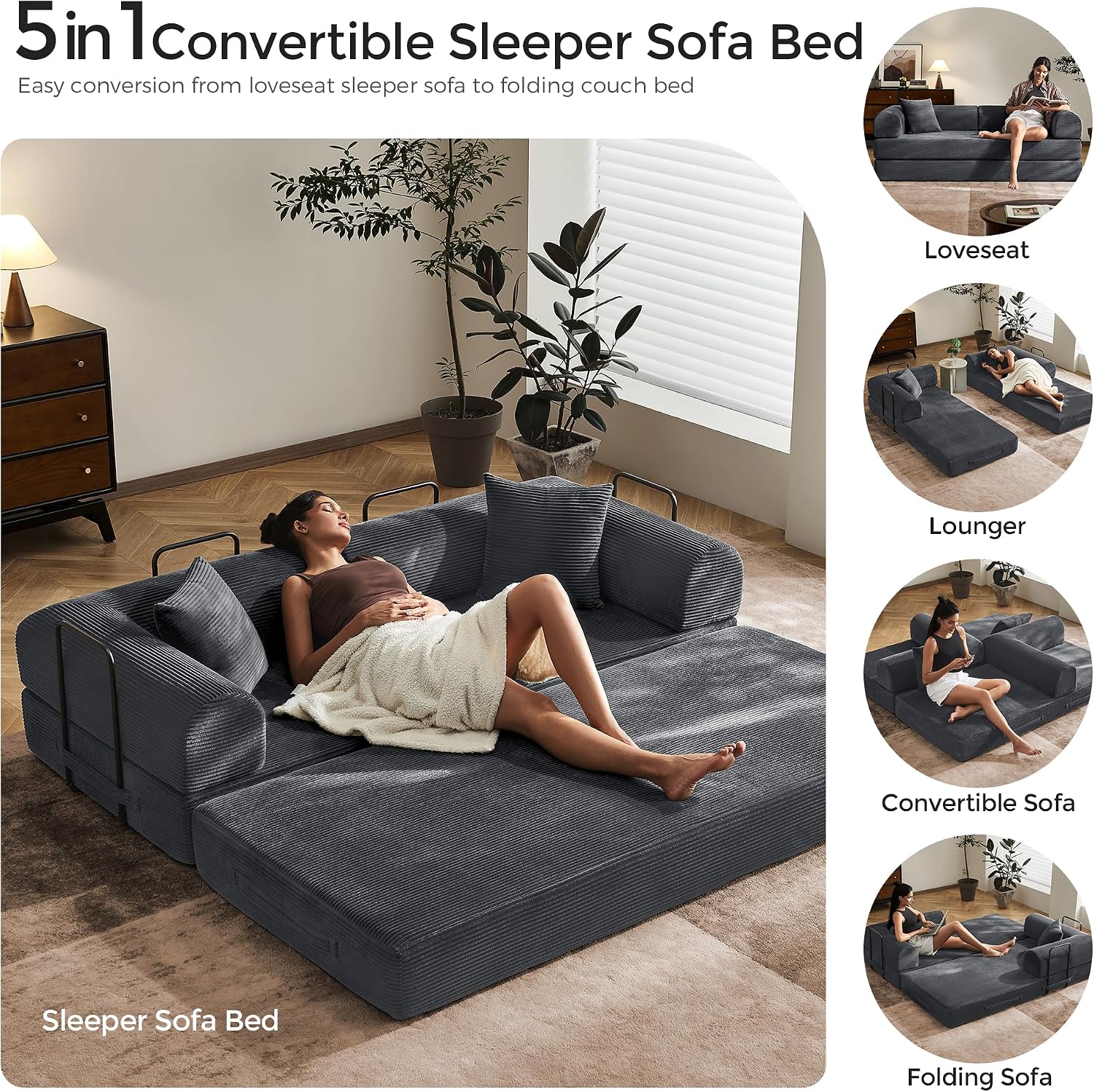 79' Convertible Sofa Bed with Fixed-Shape Frame & Removable Armrests, Modular Corduroy Sleeper Sofa, Folding Mattress Couch for Small Spaces - No Assembly Needed in Dark Gray (Includes 2 Pillows)