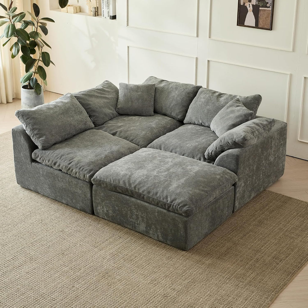 109' Modern Cloud Couches for Living Room, Deep Seat Convertible L-Shape Boneless Couch, Oversized Comfy 3-Seater Couch Chenille Fabric Compression Sofa Bed Modular Sectional Sofa,(Dark Grey)