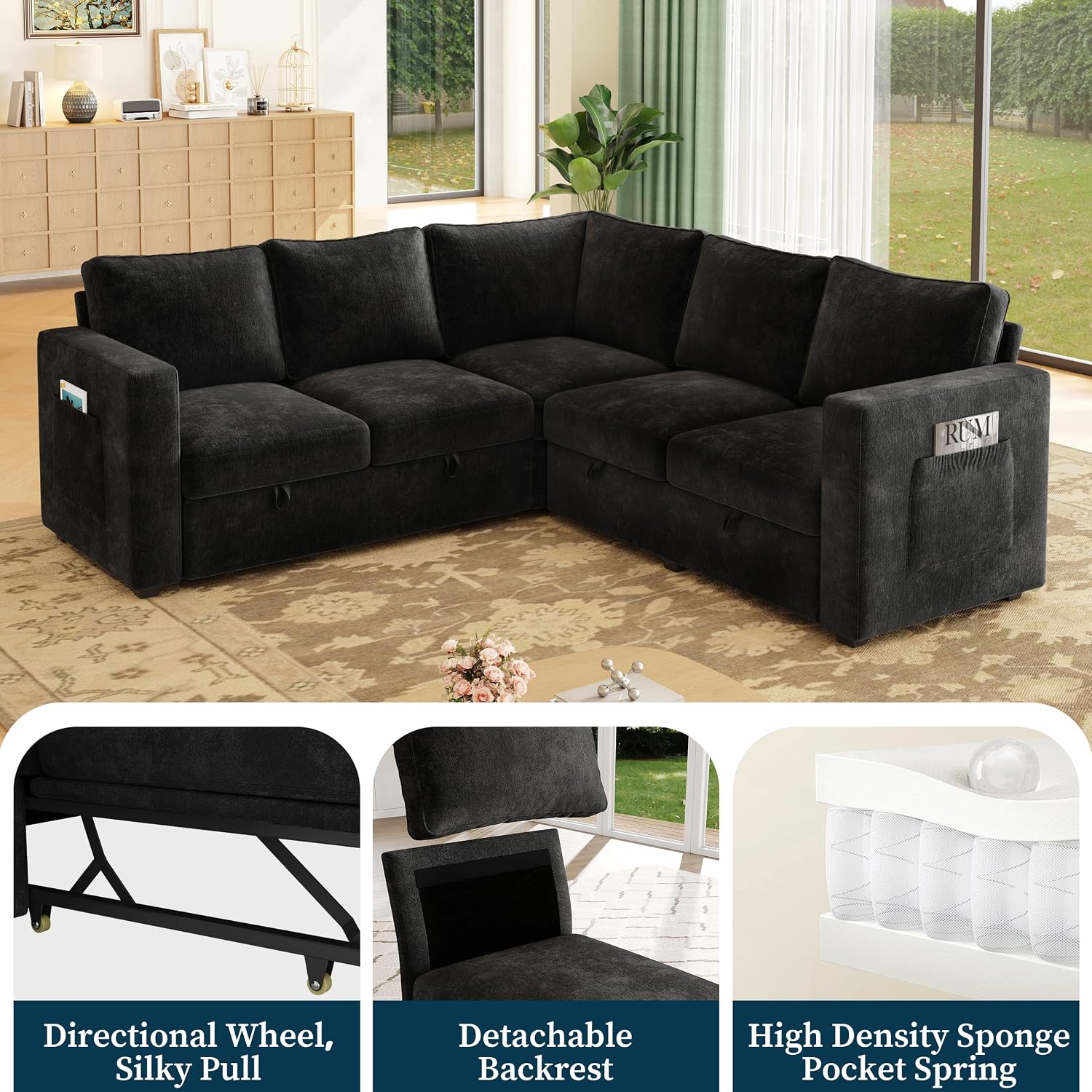 83.5' Sectional Sleeper Sofa with Pull Out Couch, Modern 5 Seat L Shaped Modular Couch, Sectionals Modular Sofa with Storage, Comfy Sectional Couches for Living Room & Apartment, Black