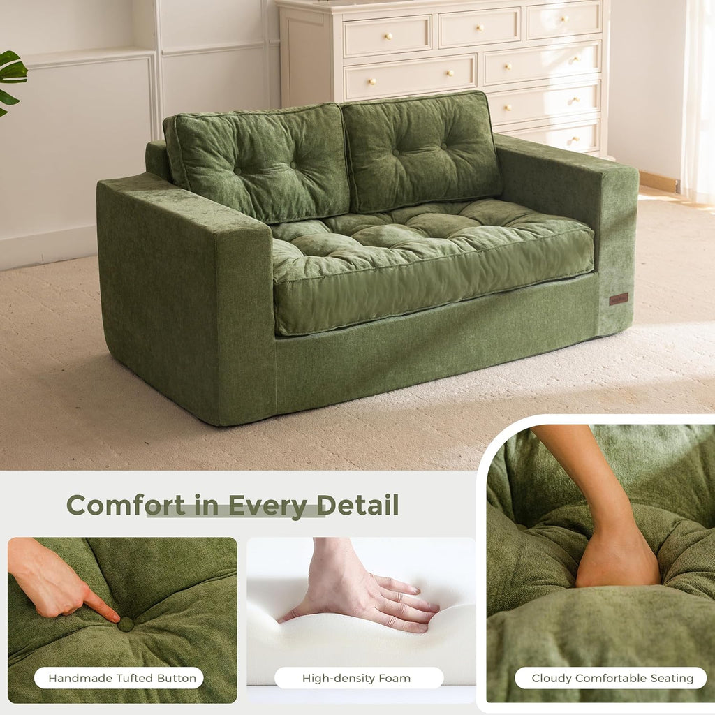 MAXYOYO Boneless Sofa Couch, Loveseat Sofa for Small Space, Tufted 2-Seater Floor Couch Bean Bag Chair for Living Room Bedroom Apartment, Sofa in a Box, No Assembly Needed, Green