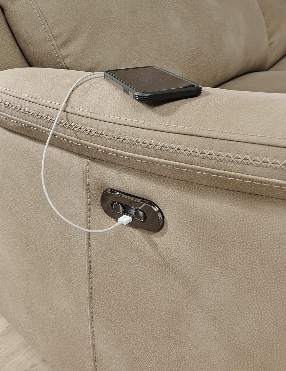 Signature Design by Ashley Next-Gen DuraPella Power Reclining Sofa with Adjustable Headrest, USB, Extended Ottoman, Faux Leather, 80' W x 42' D x 42' H, Beige Sand