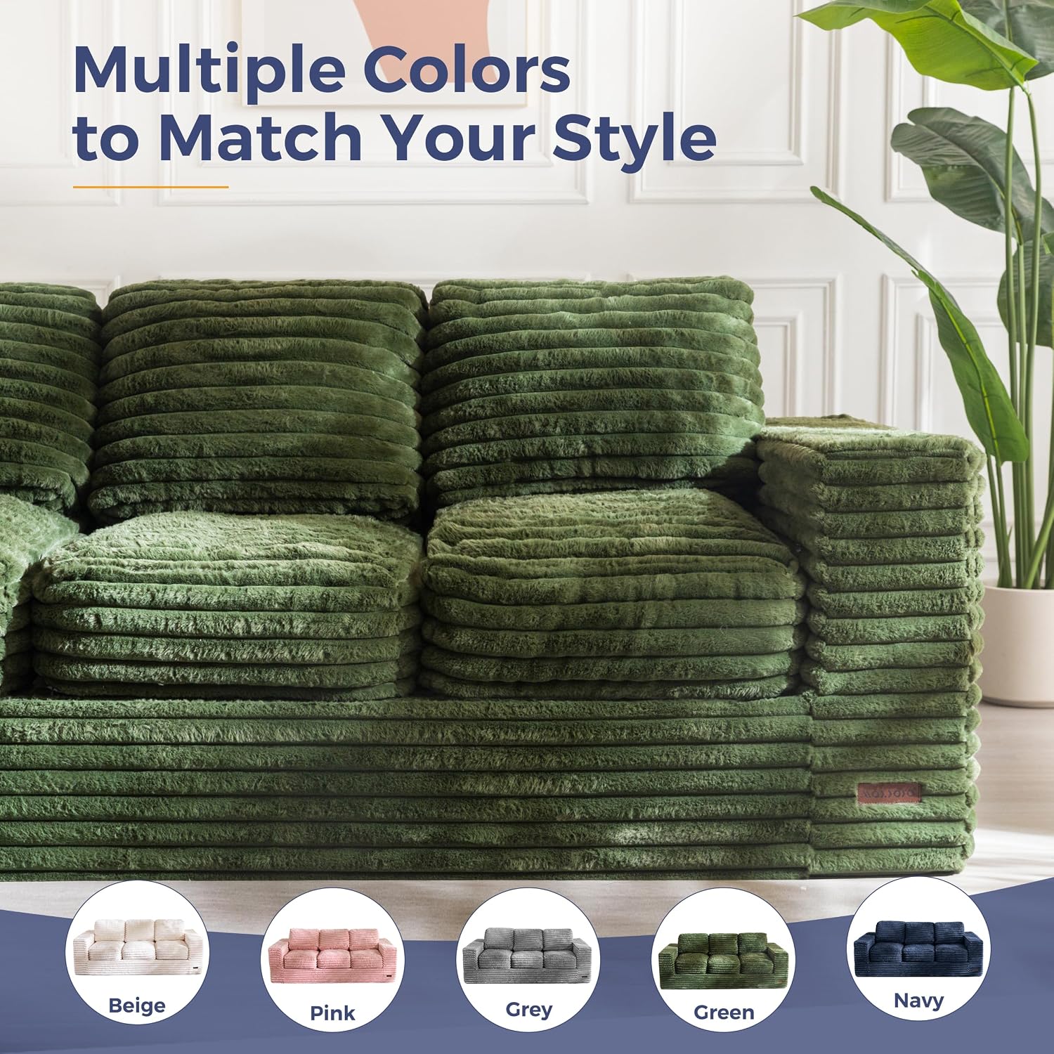 MAXYOYO 3-Seater Boneless Sofa Couch in a Box, Modern Faux Fur Sofa for Living Room, Soft High-Density Foam Couch with Pillows, Fluffy & Supportive Lounge, No Assembly Required, Green