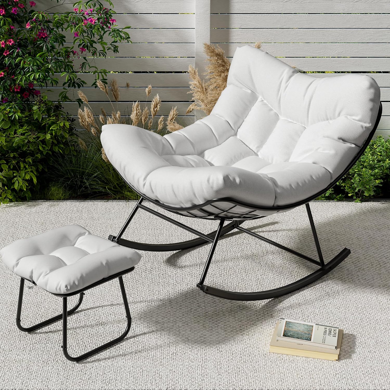 Oversized Papasan Rocking Chair with Ottoman - Durable Handwoven Egg Chair, Soft Cushion & Metal Frame for Patio, Bedroom, Living Room