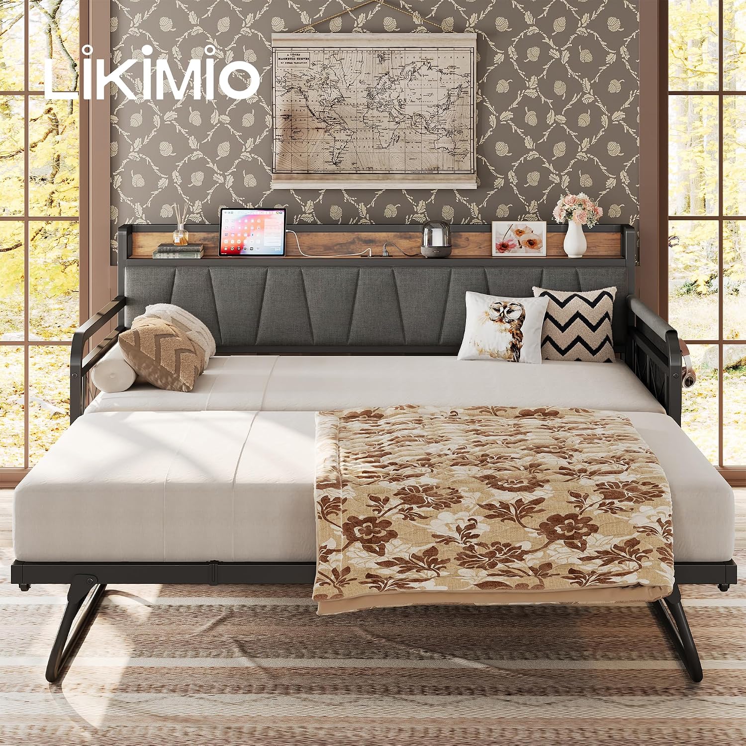 LIKIMIO Twin Daybed, Day Bed with Trundle, Storage Upholstered Headboard and Charging Station, Trundle Bed with Strong Supports for Living Room, Bedroom, and Guest Room, Grey