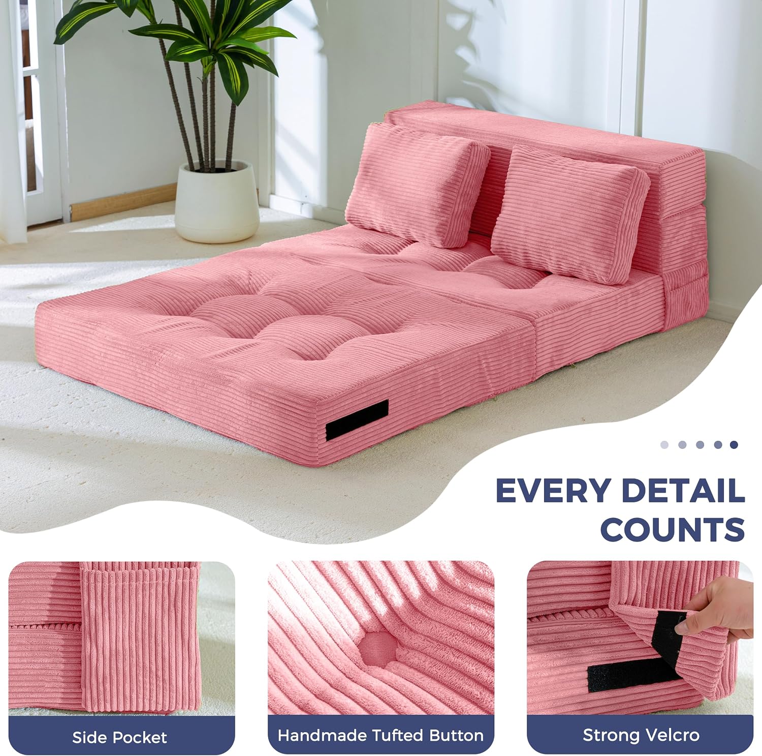 MAXYOYO Convertible Sofa Bed, Fold Out Sleeper Sofa with Pillow, 4 in 1 Tufted Folding Couch Bed Foam Floor Couch, Lazy Chair for Living Room Bedroom Guest Room, Pink