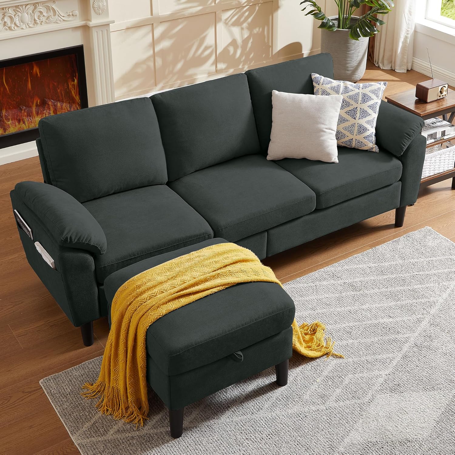 80' Convertible Sectional Sofa, Small L Shaped 3 Seat Couch with Reversible Storage Chaise, Modern Polyester Fabric Sofa Couches for Living Room, Apartment and Small Space, Black