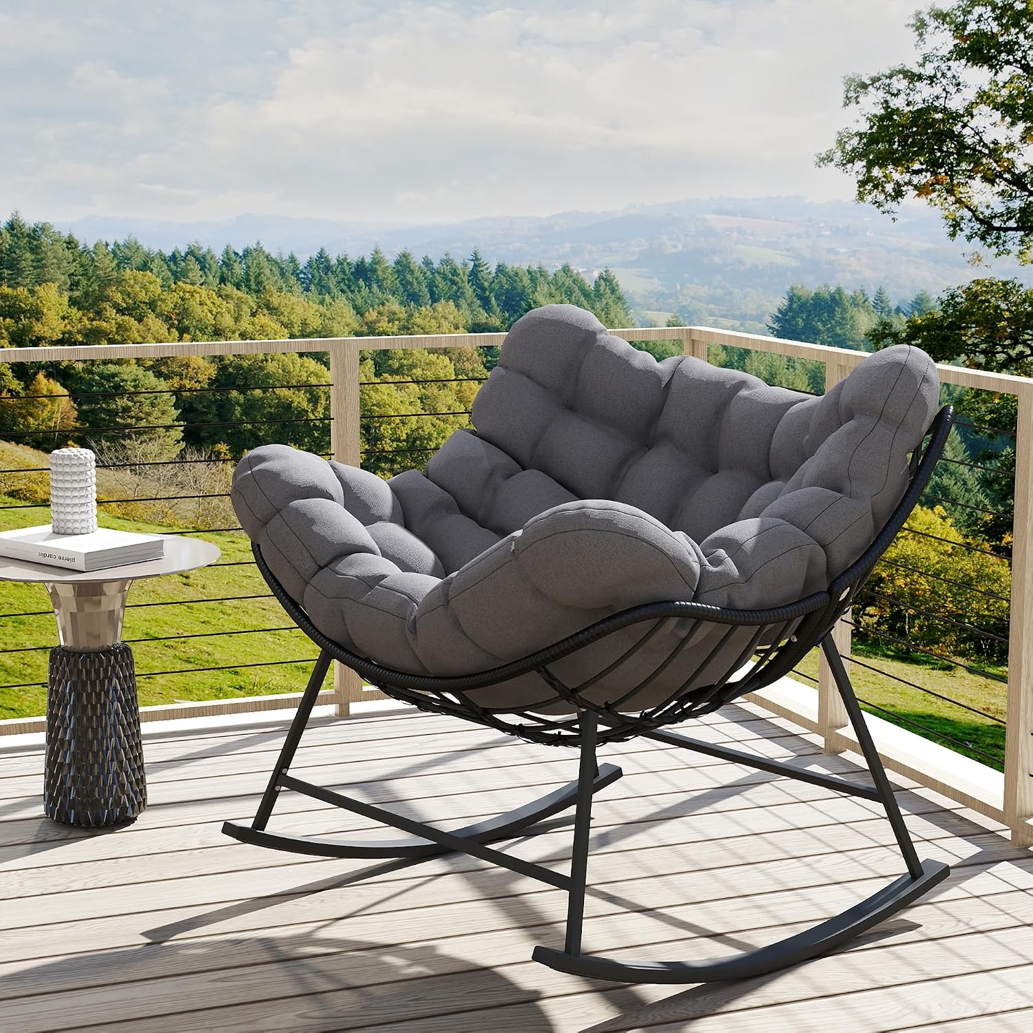 Oversized Wicker Papasan Rocking Chair, Indoor Outdoor Egg Chair Rocker, Comfy Patio Recliner with Modern Egg Style, Grey