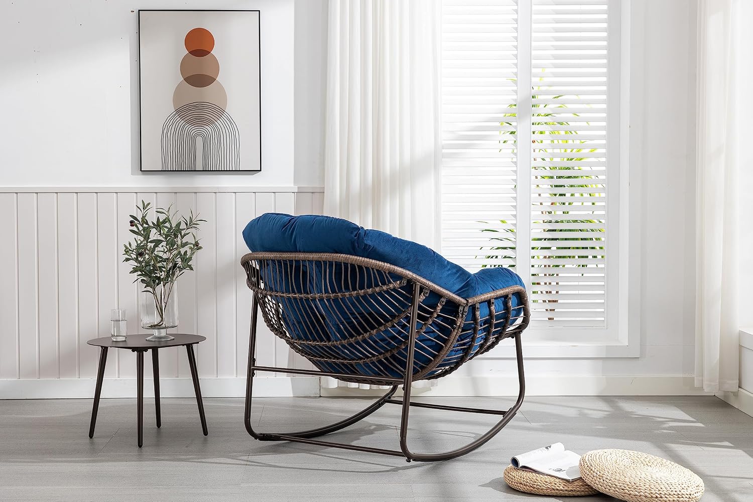 Patio Rocking Chairs, Patio Oversized Egg Rocking Chair,Indoor & Outdoor Upholstered Papasan Chairs, Modern Lounge Chair for Balcony,Living Room Patio, Front Porch, Garden (Navy Blue)