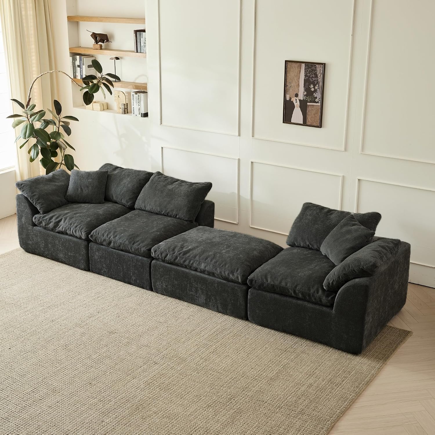 109' Cloud Sectional Couches for Living Room, Convertible L-Shape Boneless Couch with Ottoman, 3 Seater Compression Sofa Bed Modular Sectional Sofa (Black)