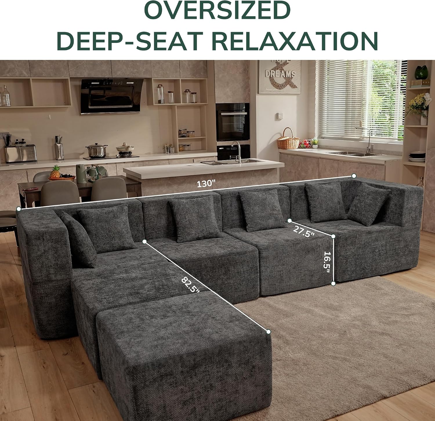 MONVANE Modular Sectional Cloud Couch for Living Room - 130'' 6 Seater Convertible Chenille Couches Set with Ottoman, No Assembly Compression Sofas, Comfy Floor Sofa with Memory Foam, Grey