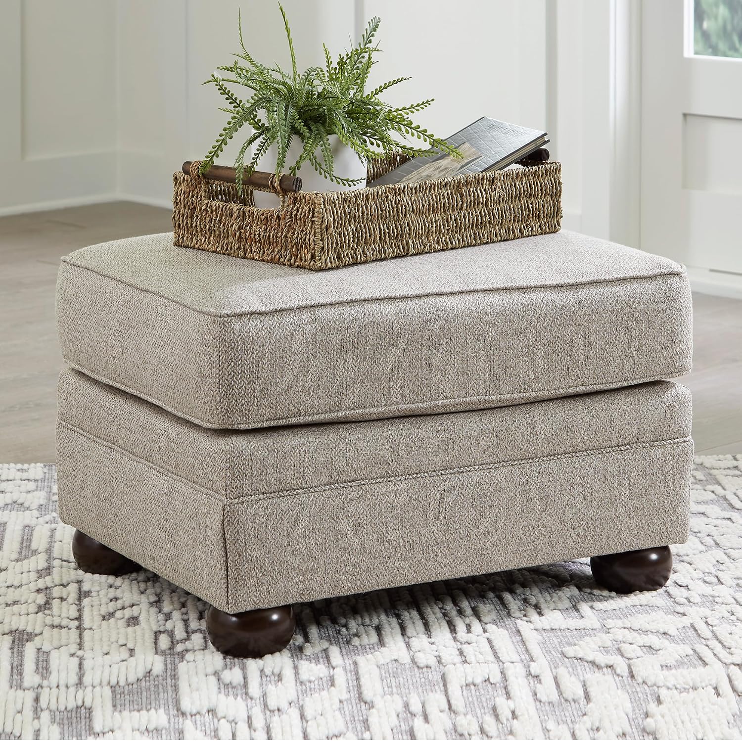 Signature Design by Ashley Gaelon Transitional Rectangular Upholstered Ottoman with Bun Legs, Light Brown