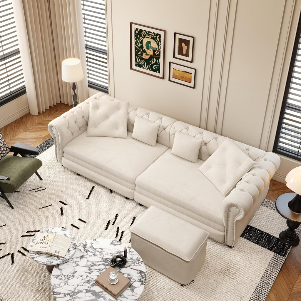 3 in 1 Oversized Chesterfield Loveseat Sofa Convertible Pull Out Sleeper Sofabed King Size Couch Bed w/Movable Ottoman and Nailhead Trim for Living Room Tufted Velvet Recliner Daybed Sofacama