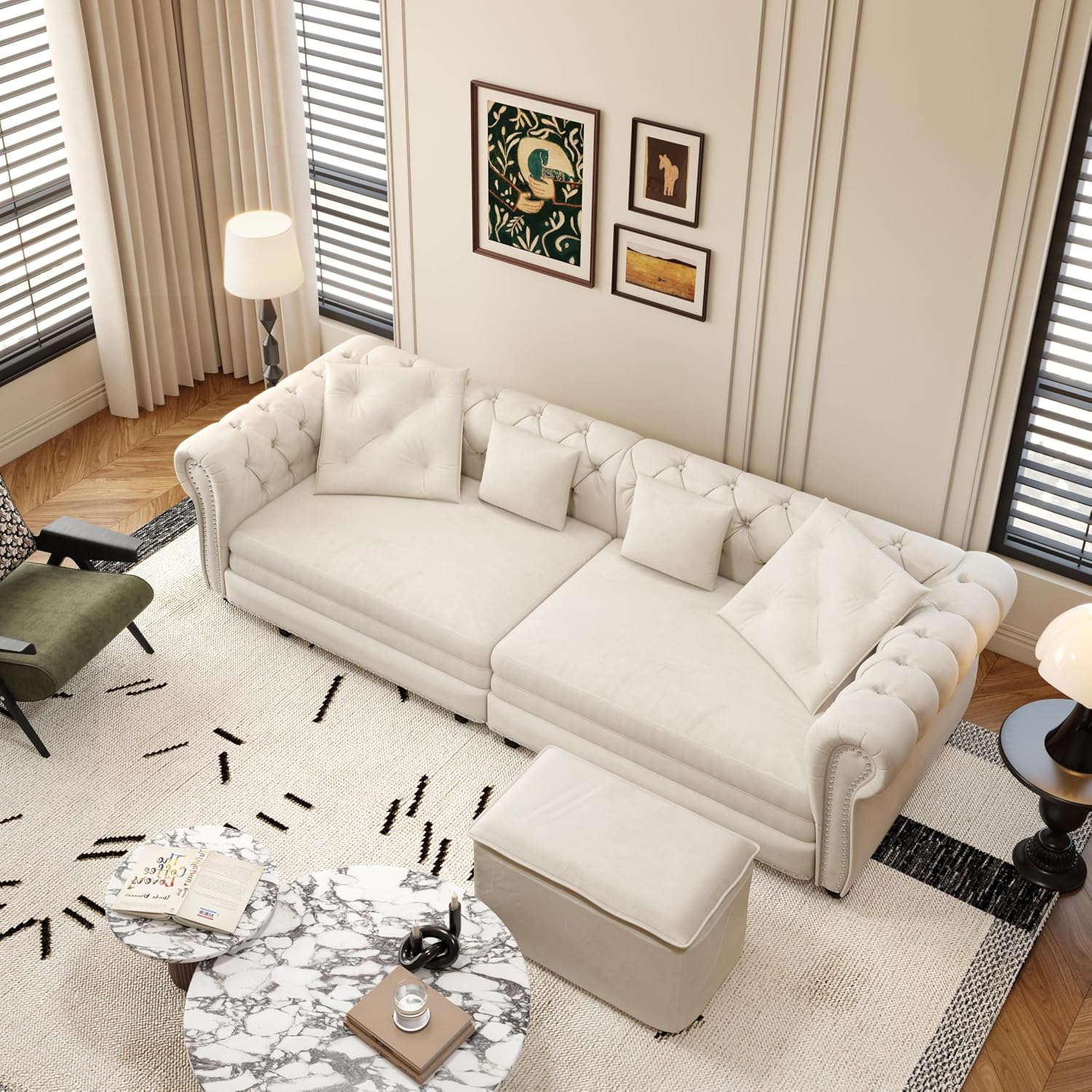 3 in 1 Oversized Chesterfield Loveseat Sofa Convertible Pull Out Sleeper Sofabed King Size Couch Bed w/Movable Ottoman and Nailhead Trim for Living Room Tufted Velvet Recliner Daybed Sofacama