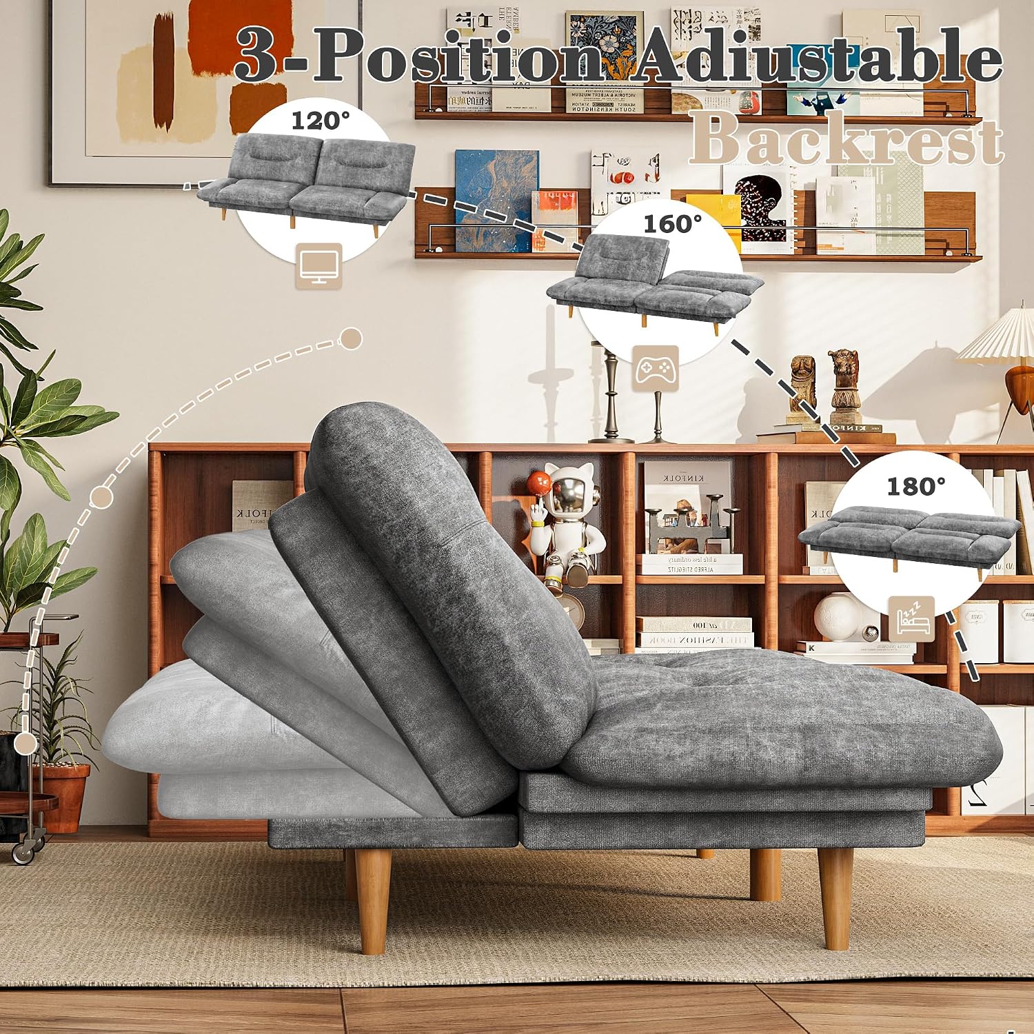 Homall Futon Sofa Bed, Modern Loveseat Futon Couch with Adjustable Backrest and Armrests, Sleeper Sofa Bed with Wood Frame for Living Room, Office, Apartment (Leathaire, Heather Gray)