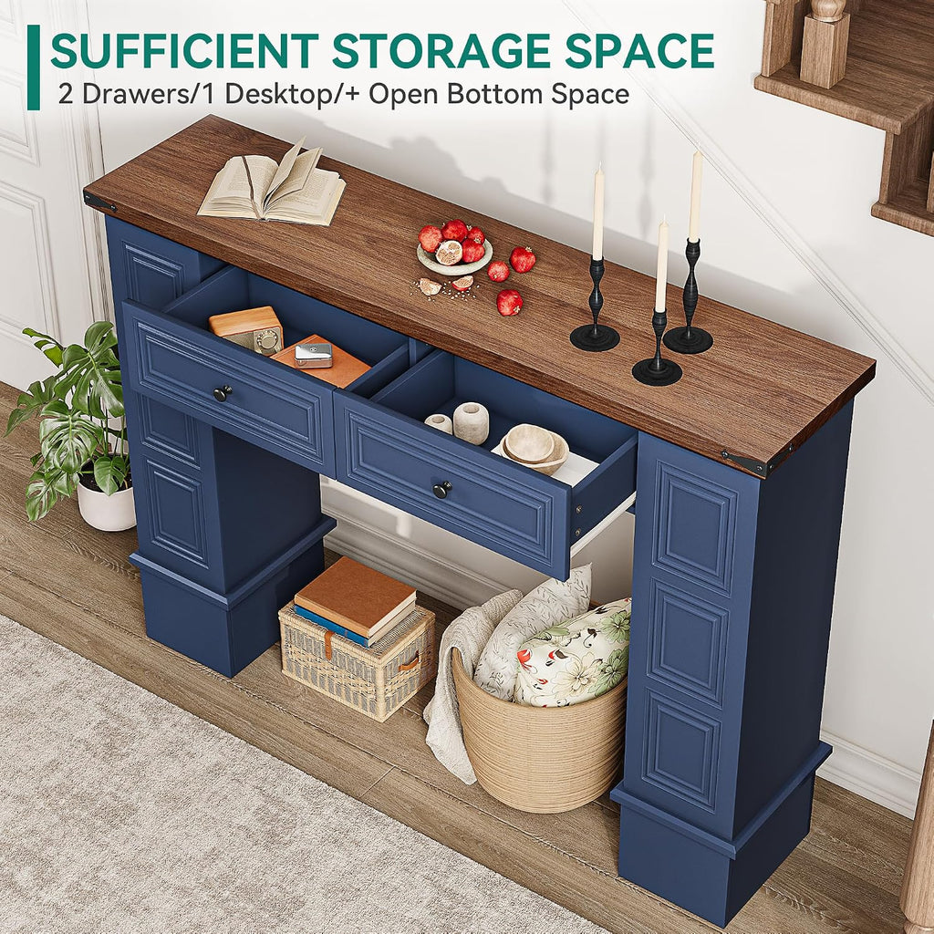YITAHOME Farmhouse Console Table for Entryway with Storage, Narrow Long Sofa Table Furniture with Non-tip Kit, Behind Couch Table for Hallway, Living Room & Bedroom, Navy Blue & Walnut