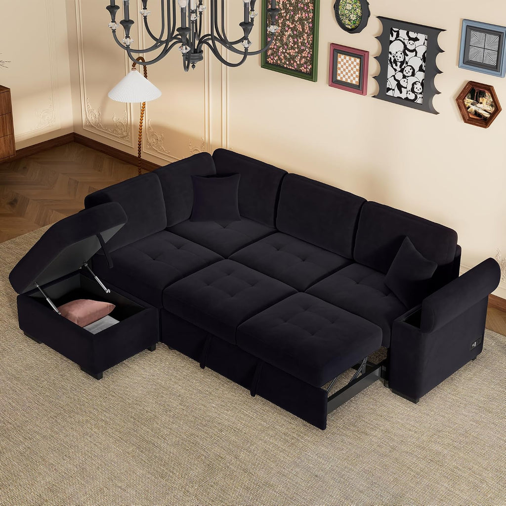 LUMISOL 87.4' Convertible Sleeper Sofa Bed with Storage Ottoman, L-Shaped Sectional Sofa with Storage Arm & Charging Stations, Pull Out Sofa Couch with Chaise for Living Room, Black