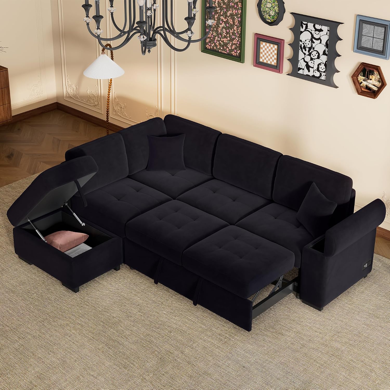 LUMISOL 87.4' Convertible Sleeper Sofa Bed with Storage Ottoman, L-Shaped Sectional Sofa with Storage Arm & Charging Stations, Pull Out Sofa Couch with Chaise for Living Room, Black