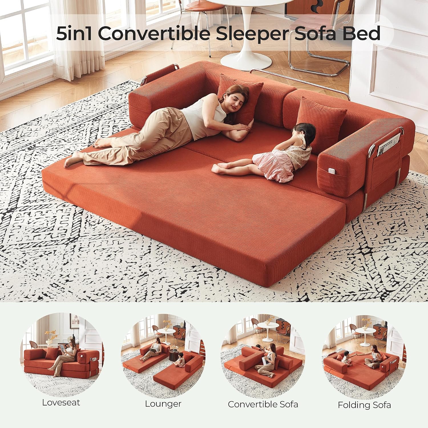 79' Convertible Sofa Bed with Pillows, Corduroy Folding Sleeper Sofa with Fixed-Shape Frame, Boneless Couch for Living Room Bedroom, Floor Sofa Lounge No Assembly Required (A - Style-Orange)
