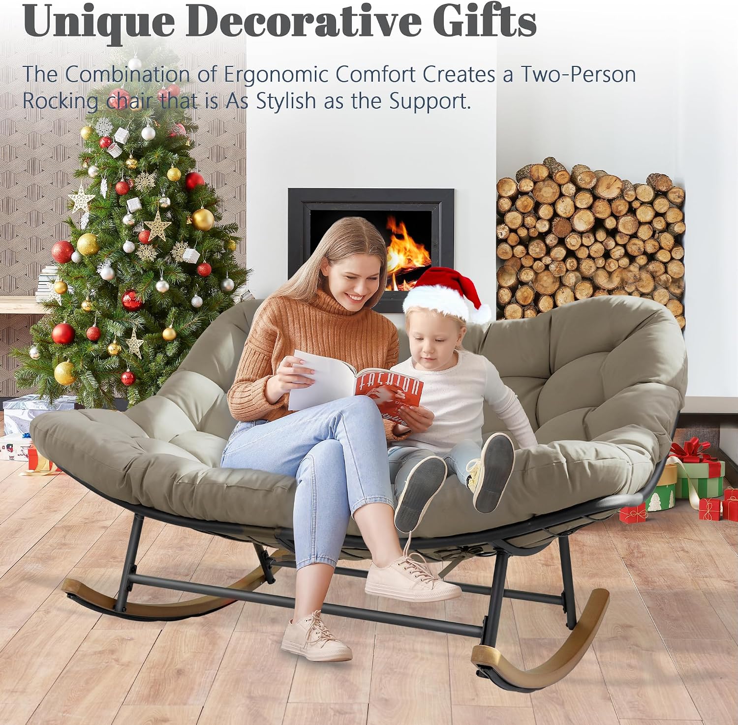 Double Papasan Patio Rocking Chair,Double Oversized Papasan Rocking Chair with Thick Cushions,Perfect for Indoor, Patio, or Balcony Use, Modern Outdoor Loverseat for Two.Khaki