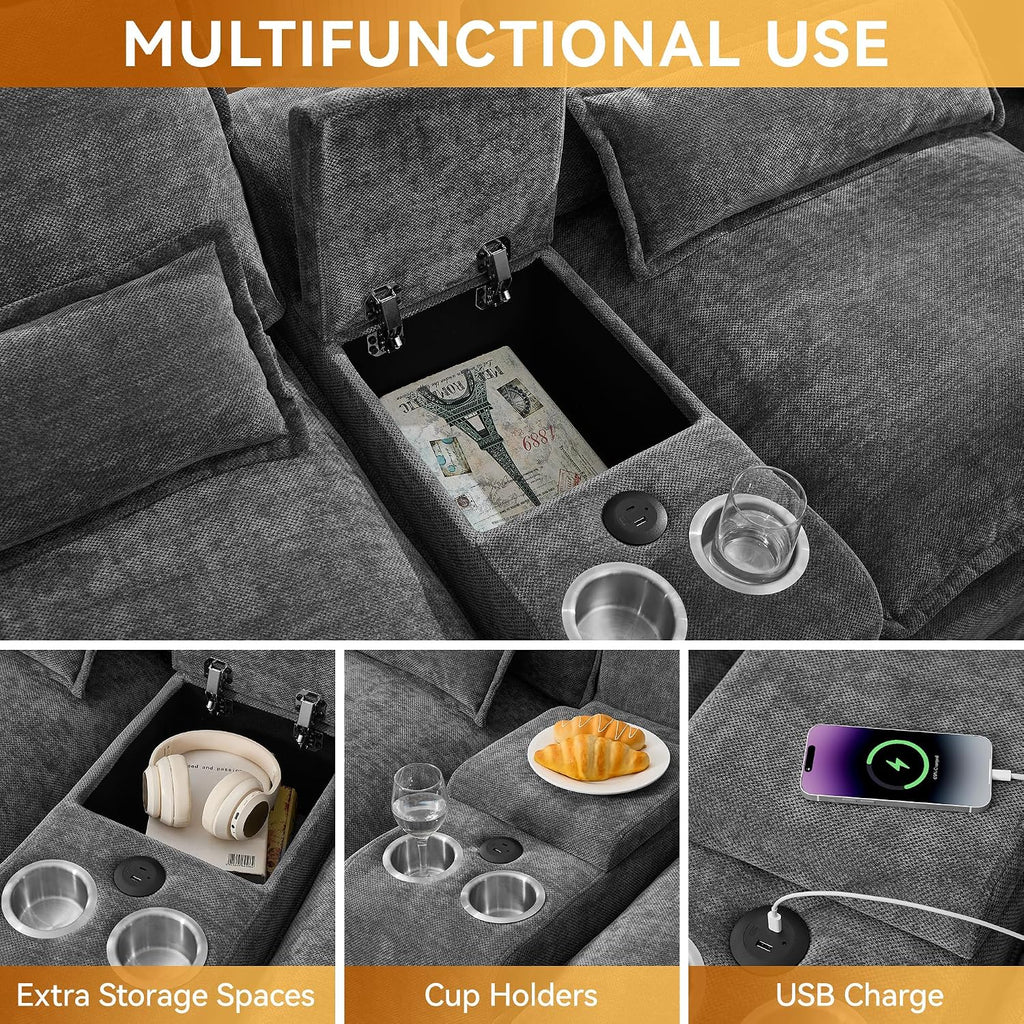 125'' U Shaped Cloud Modular Sofa, Chenille Upholstered Comfy Sectional Couch with Storage Console, USB Charging Ports & Cup Holders, Modern Deep Seat Sofa for Living Room, Grey