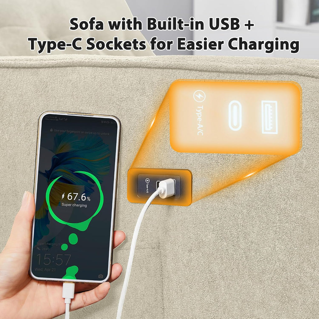 Convertible Sofa Bed, 3 in 1 Pull Out Couch, Loveseat Sleeper with Side Pocket, Living Room Sofa with Adjustable Backrest | USB Charging Port | Two Pillows | Fabric | Beige Couch