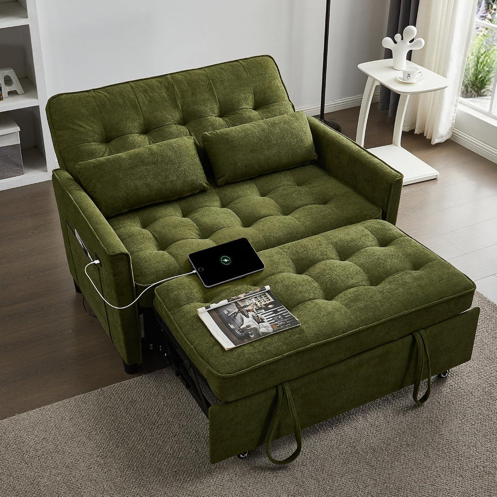 Convertible Sofa Bed, 3 in 1 Pull Out Couch, Loveseat Sleeper with Side Pocket, Living Room Sofa with Adjustable Backrest | USB Charging Port | Two Pillows | Fabric | Green Couch