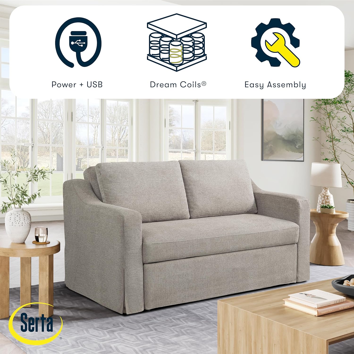 Serta Hawthorne 66.1' Slipcovered Convertible Sleeper Loveseat, Full Size, Dreamcoil Comfort, FingerGuard Pinch Point Protection, Polyester Tweed Fabric, Flax