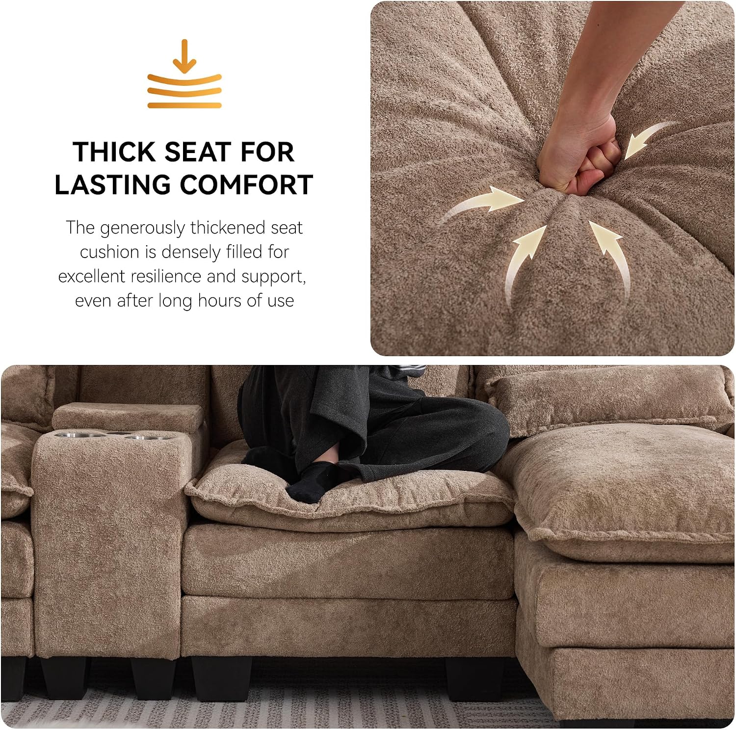125'' U Shaped Cloud Modular Sofa with Chaise Lounges, Upholstered Comfy Sectional Couch with Storage Console, USB Charging & Cup Holders, Small Deep Seat Sofa for Living Room, Sherpa- Chenille Camel