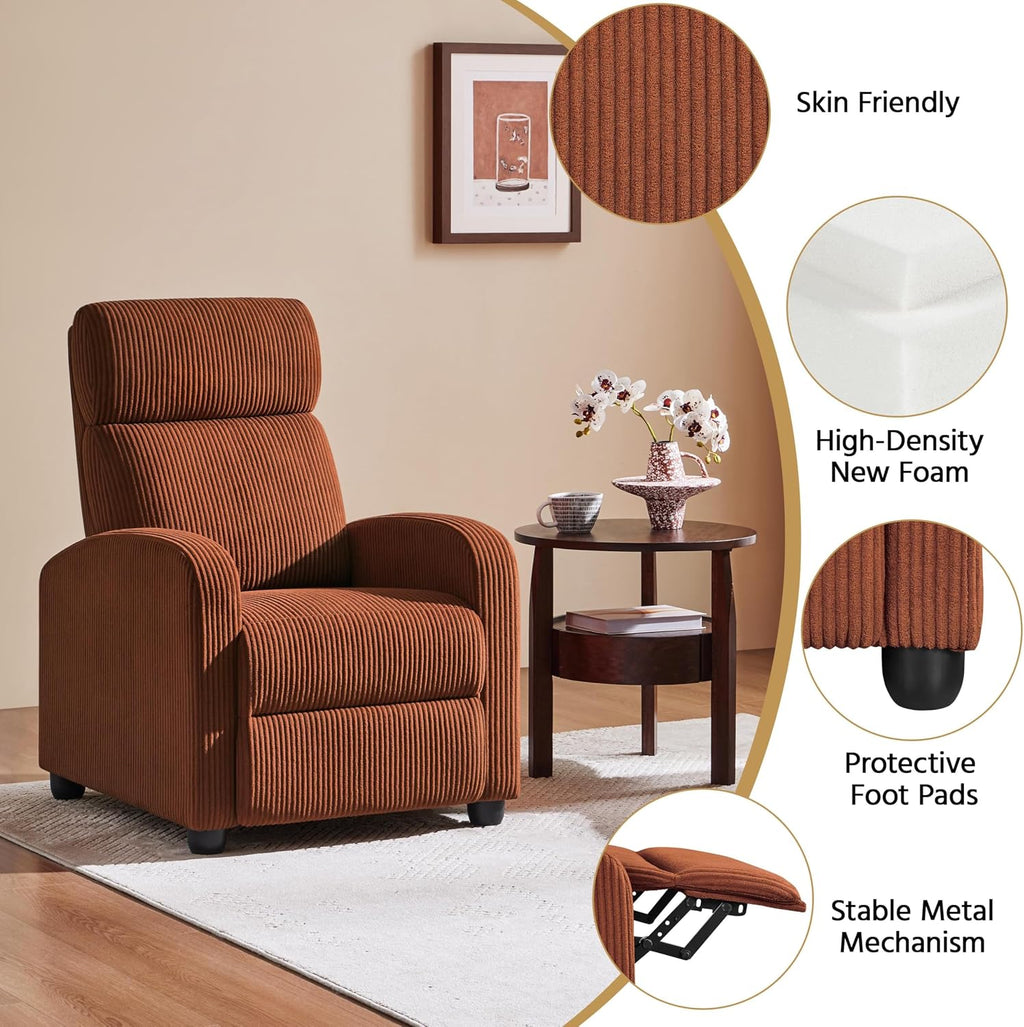 Yaheetech Corduroy Recliner Chair Single Sofa Home Theater Seating Adjustable Modern Reclining Chair for Living Room Bedroom Home Theater Brick Red