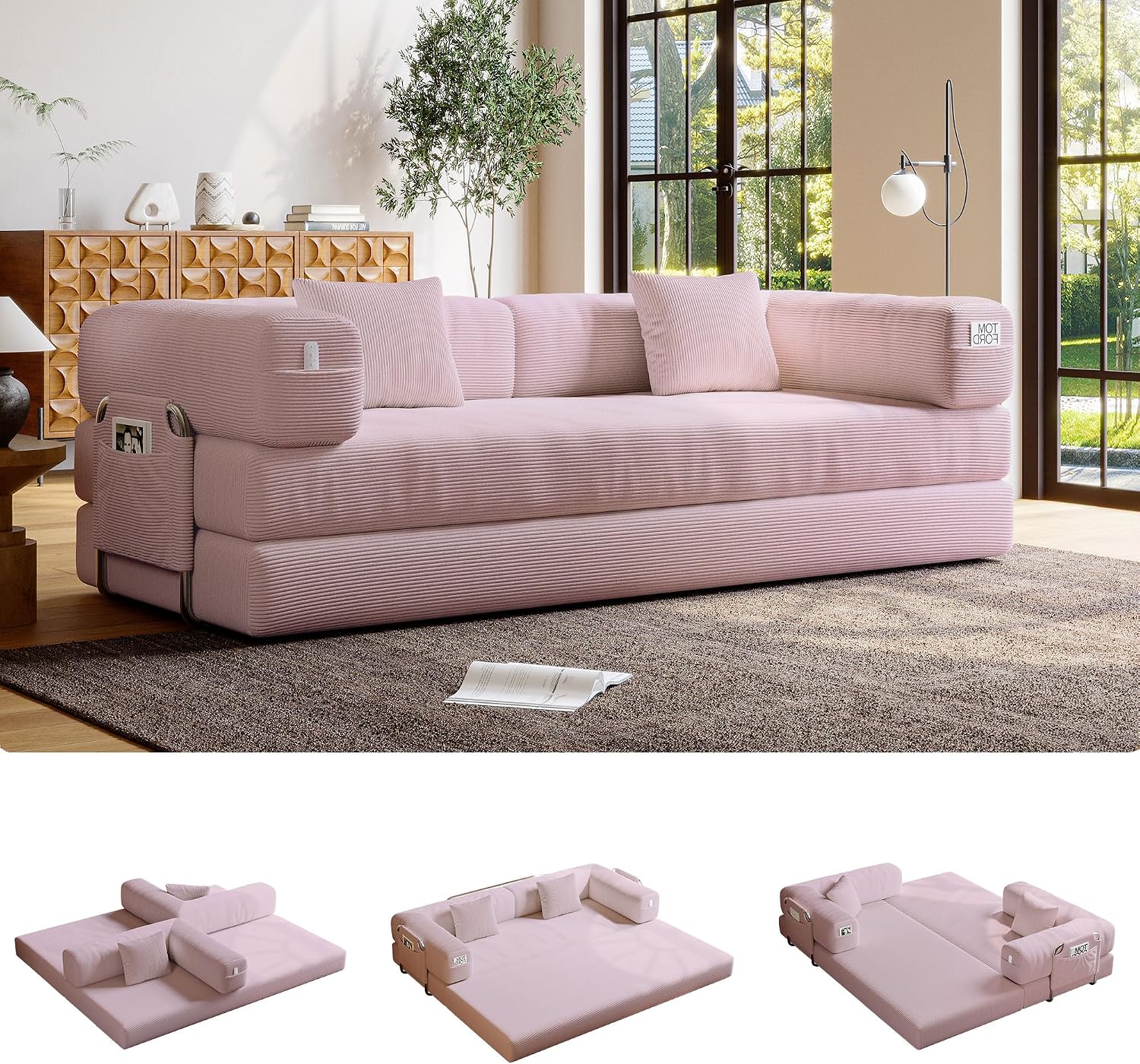5-in-1 Folding Convertible Sofa Bed, Loveseat Sleeper with Pull-Out Bed, Floor Sofa Modular Futon Couch, 79' Oversized Corduroy Upholstered Boneless Couch for Living Room, Bedroom, Lounge, Pink-A