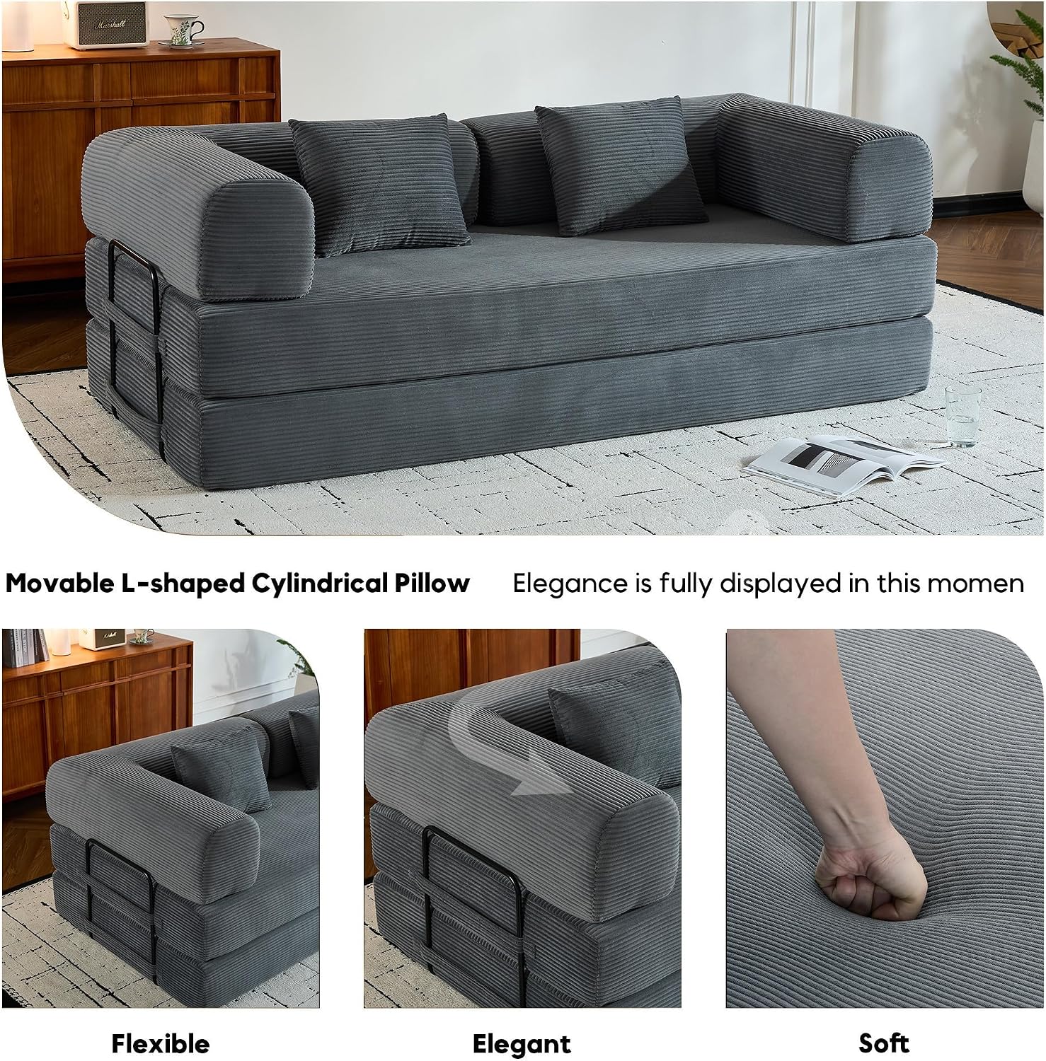 ZEIINPA Comfy Convertible Folding Mattress Couch, Floor Sofa Bed with Fixed-Shape Frame, Corduroy Floor Sofa with Armrest, Floor Sofa Lounge Couch for Living Room Bedroom Lounge Studio,Grey